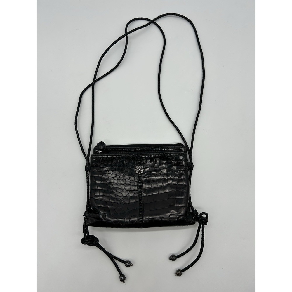 Vintage BRIGHTON Black Croc Embossed Leather Organizer Crossbody Bag Purse Y2K